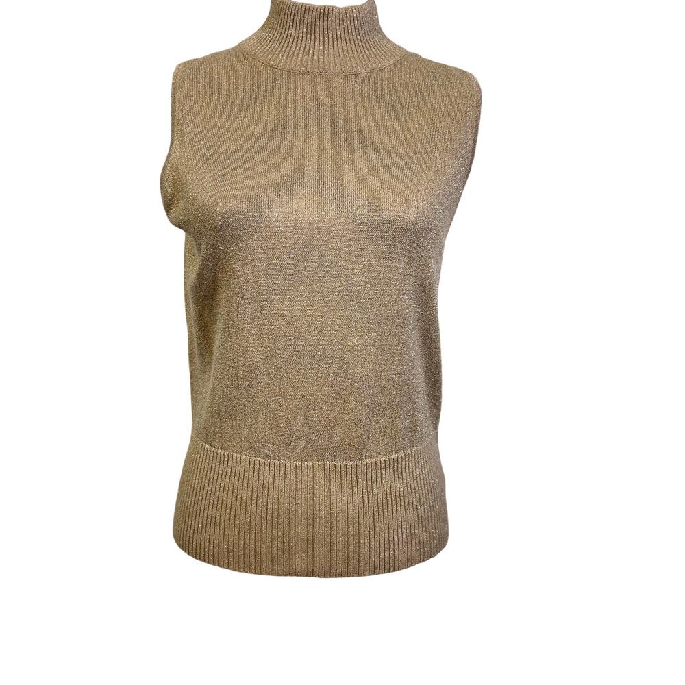 Liz Claiborne Sweater Top Med M Gold Metallic Shimmer Sleeveless Mock Neck Shell